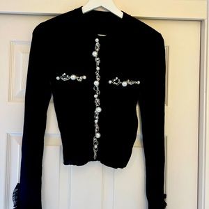 Balmain Black Beaded Ruffle Rib Cardigan